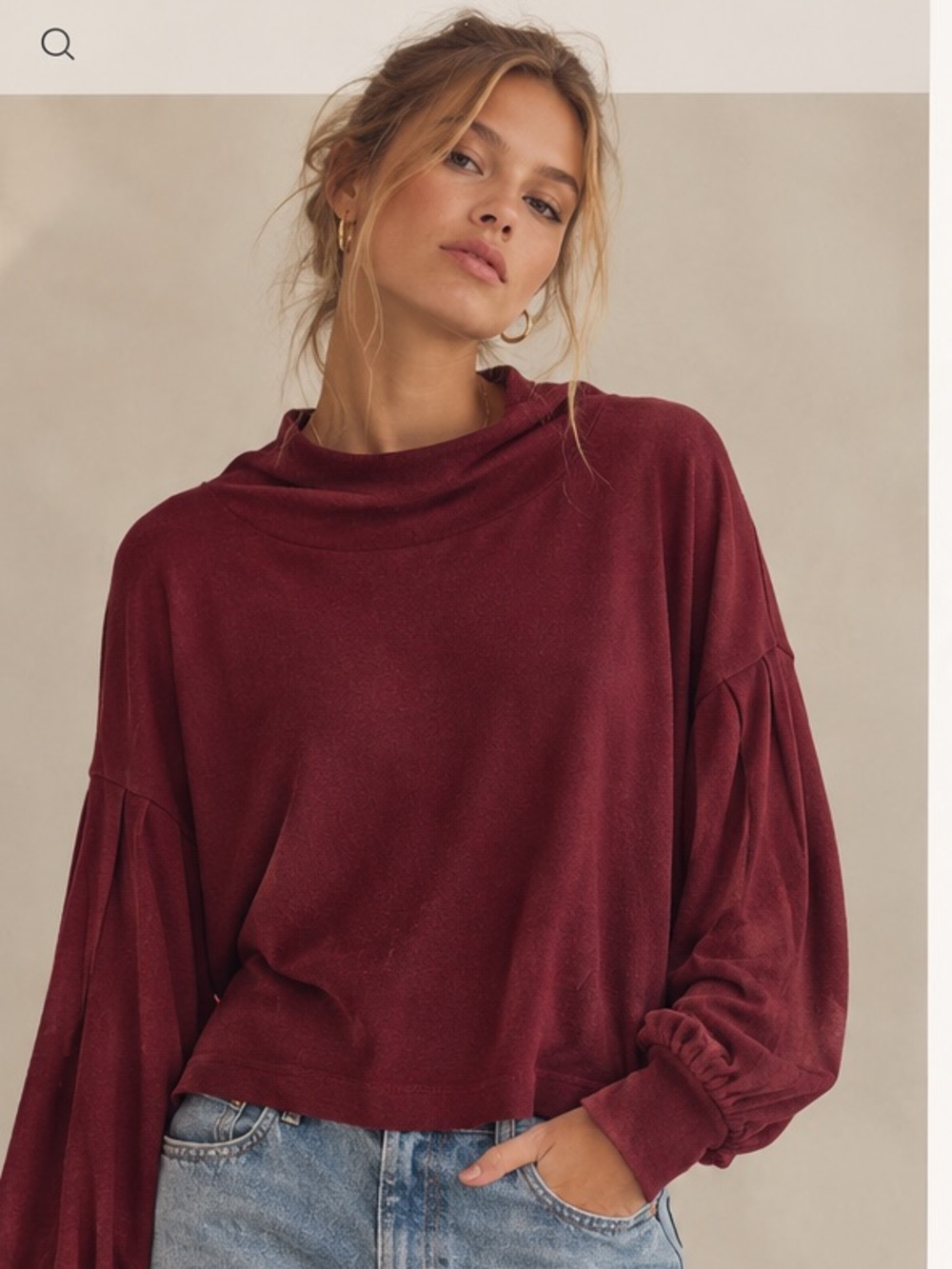 Free People Burgundy Draped Cowl-Neck Balloon Sleeve Sweater